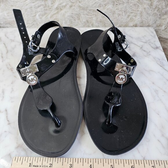 Michael Kors Women's Black Plate Jelly Flat Ankle Buckle Up Thong Sandals 7M - Picture 3 of 7